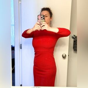 Hobbs London Red Dress. Long-sleeved. Collared neck. Zippers in back. Size 4